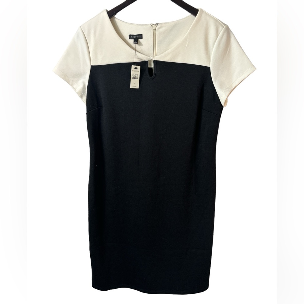 NWT Talbots Ponte Dress Classic Black White Sheath Knit Sz 10 career staple